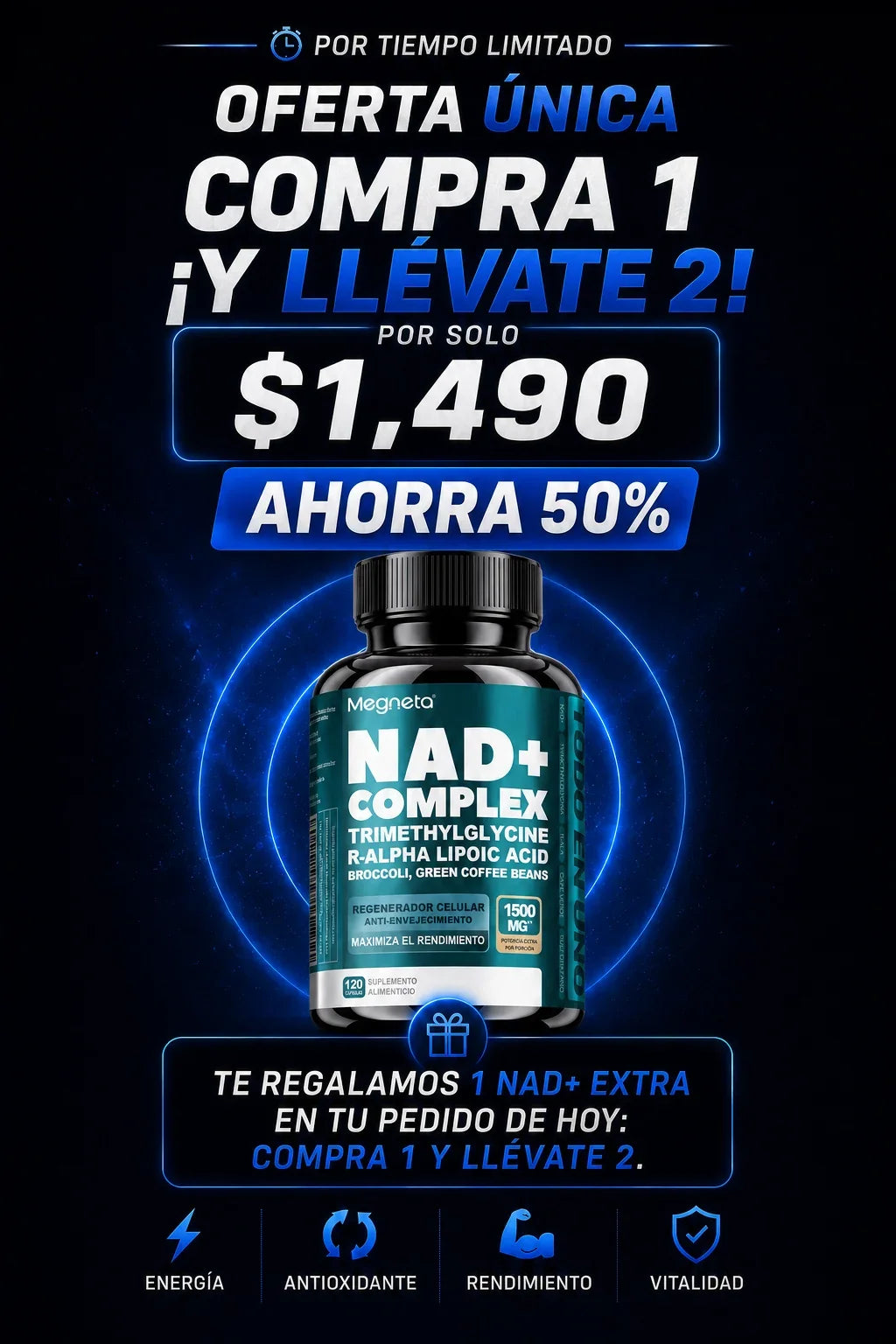 Compra 1 y Llévate 2 - NAD+ Complex Megneta 120 cápsulas