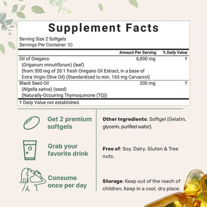 Tabla de ingredientes OregaFort: orégano 6,000 mg y semilla negra 200 mg