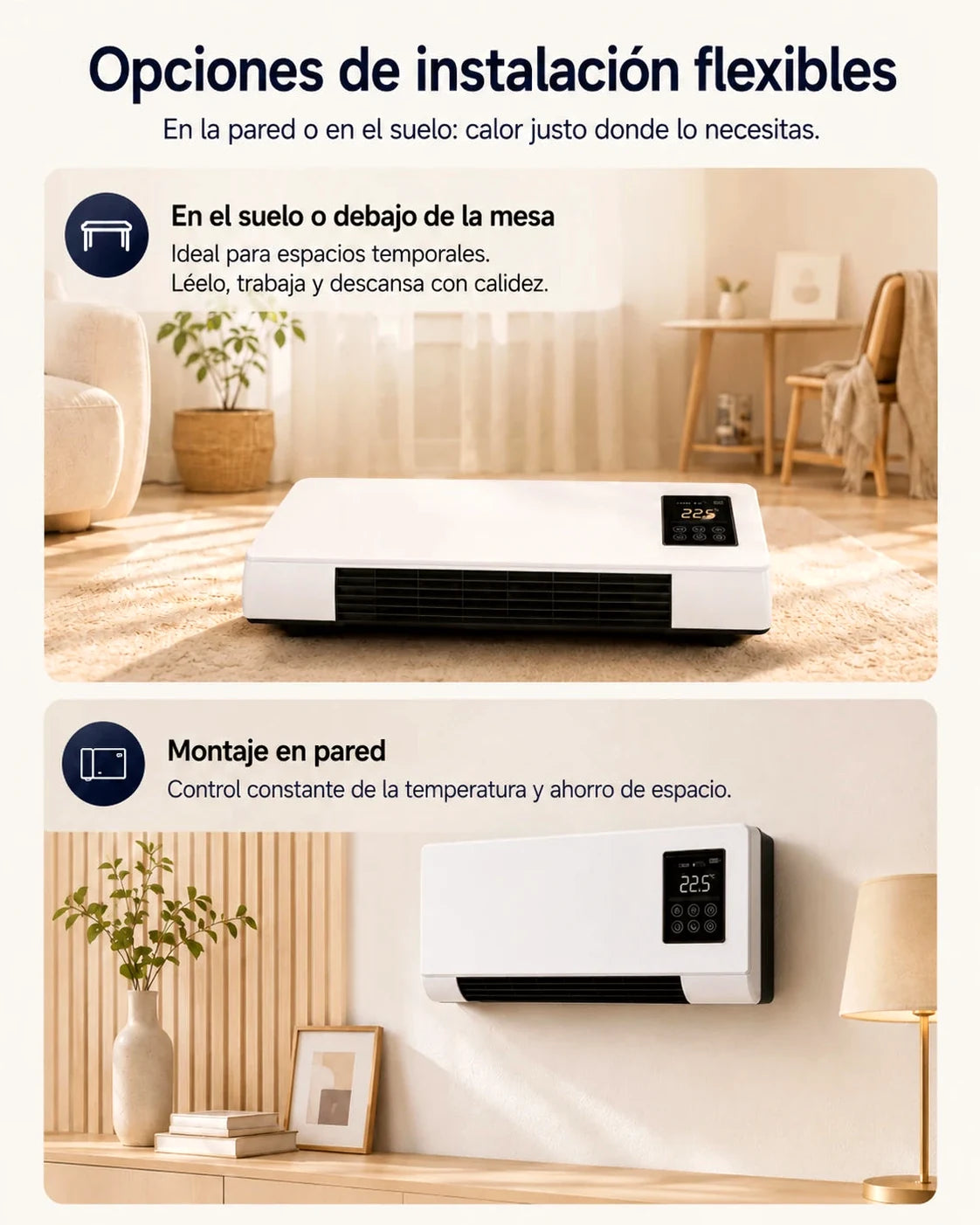 Se puede montar en la pared o usar sobre una superficie