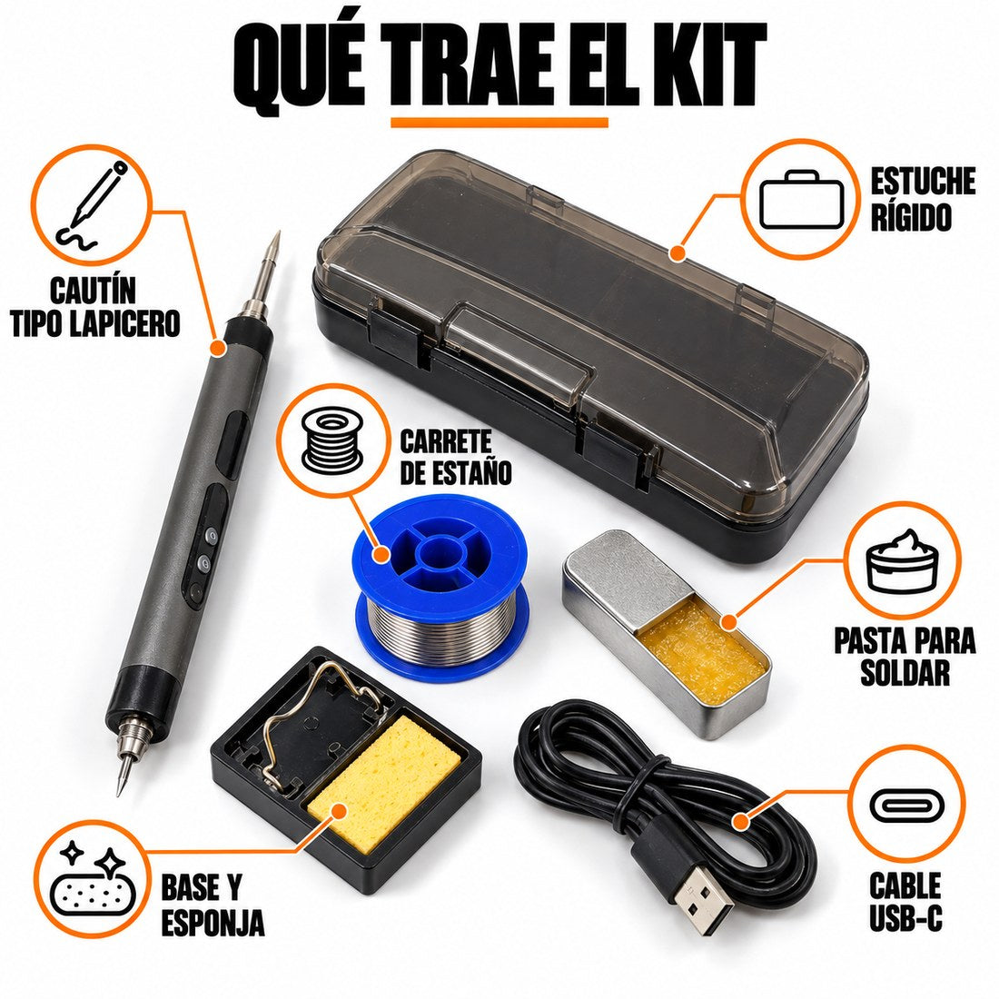 Qué trae el kit: cautín, estaño, pasta, base y esponja, cable USB-C y estuche