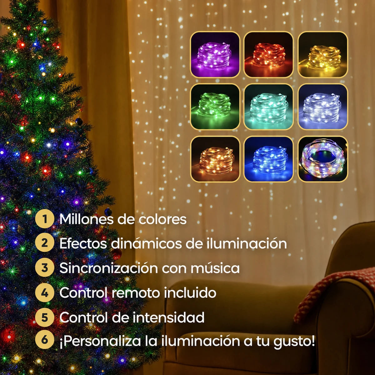 Millones de colores, efectos, música, control remoto e intensidad