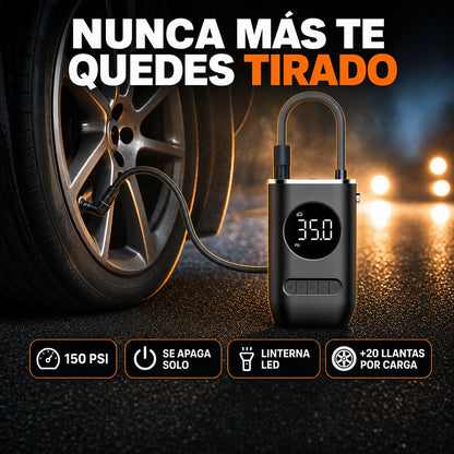 Mini compresor de aire portátil NeuMax inflando una llanta: 150 PSI, se apaga solo, linterna LED