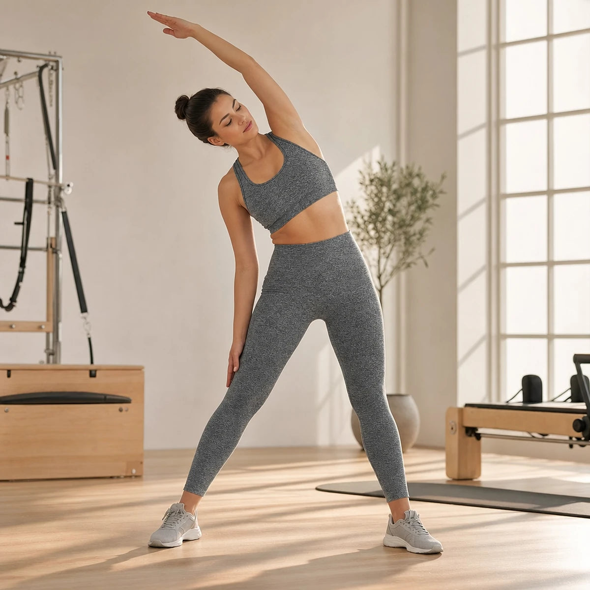 Set deportivo mujer cintura alta: legging que levanta glúteos + bra cruzado con copas
