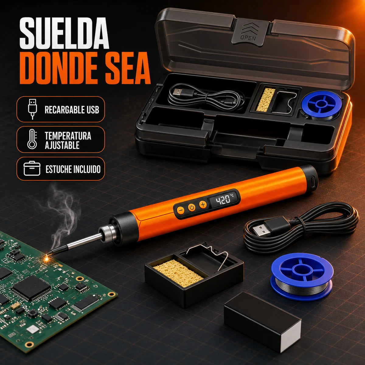 Kit soldador portátil recargable SoldaMax con estuche, base, soldadura y cable USB